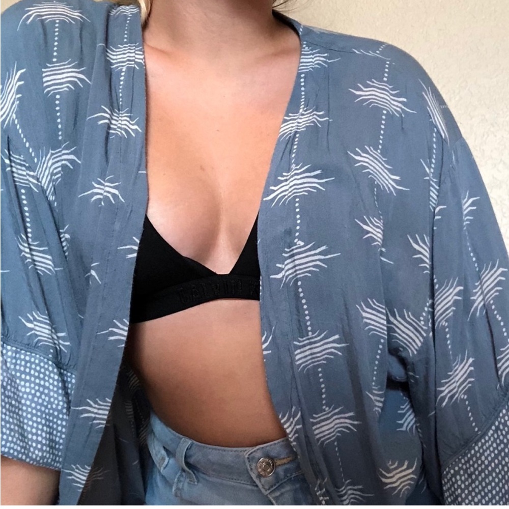 Blue Floral Boho Kimono Cover Up Cardigan
